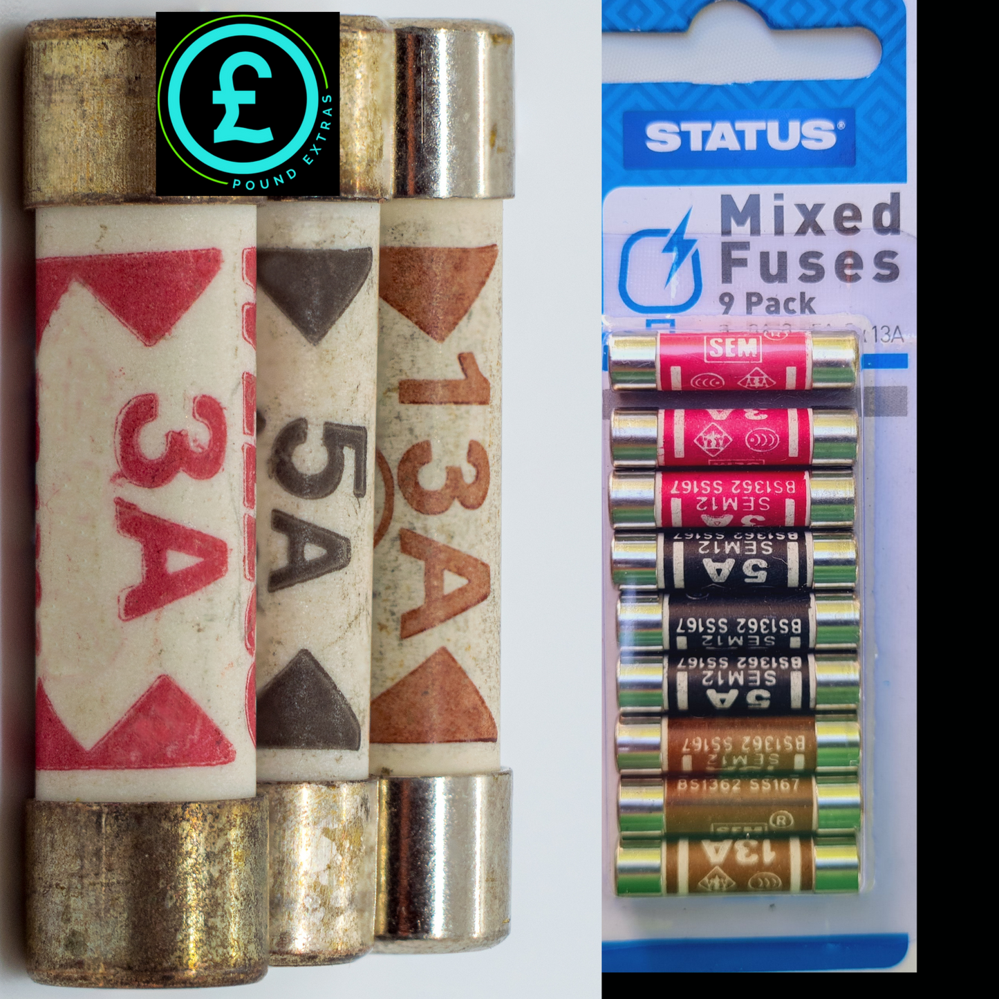 Three old-style fuses with visible ratings and a package of Status brand mixed fuses.
