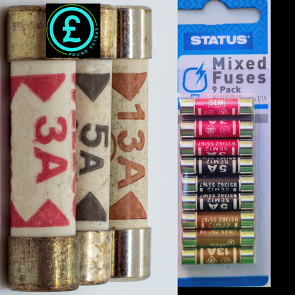 Three old-style fuses with visible ratings and a package of Status brand mixed fuses.