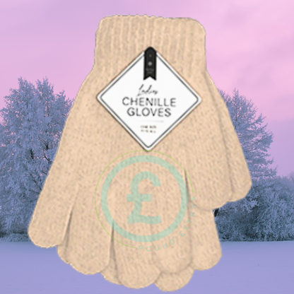Beige chenille glove with a tag on a winter landscape background
