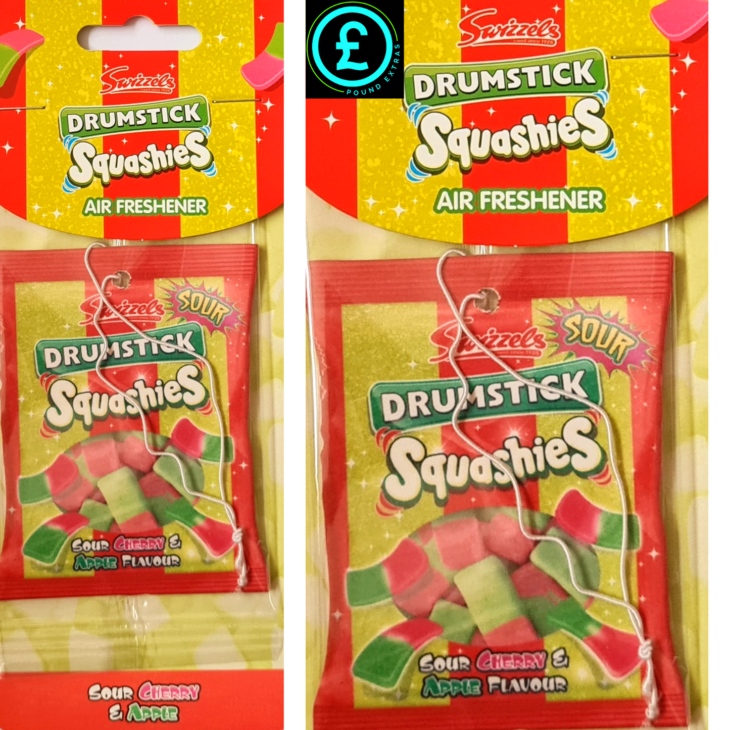 Drumstick Squashies air freshener packaging with colorful design and text.