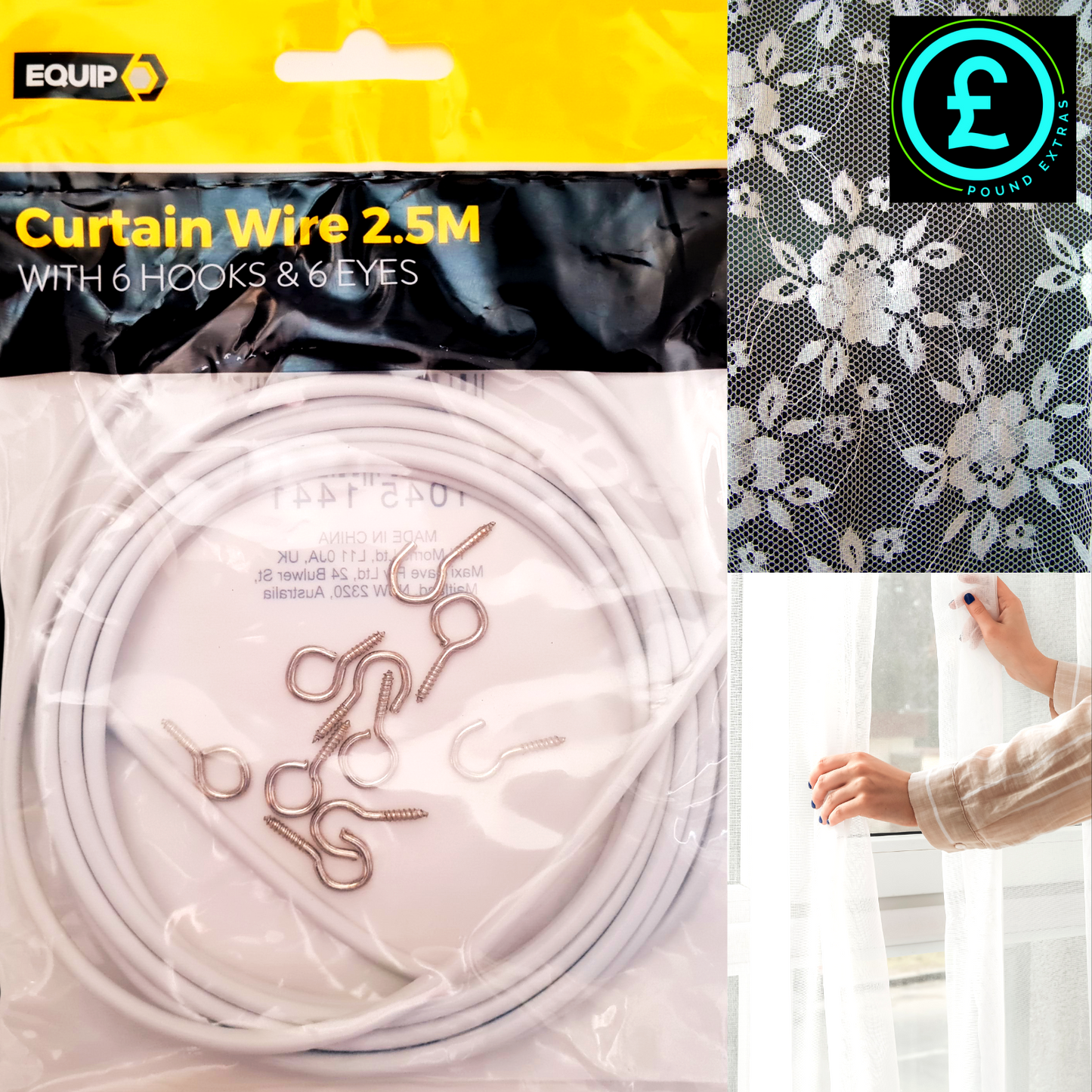 Curtain wire packaging with hooks and eyes, lace fabric, and a person adjusting a curtain.