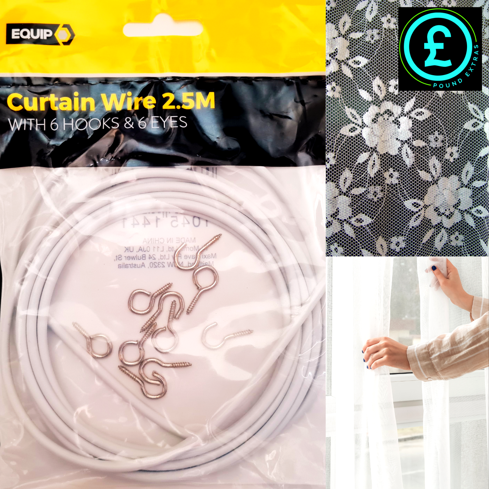 Curtain wire packaging with hooks and eyes, lace fabric, and a person adjusting a curtain.