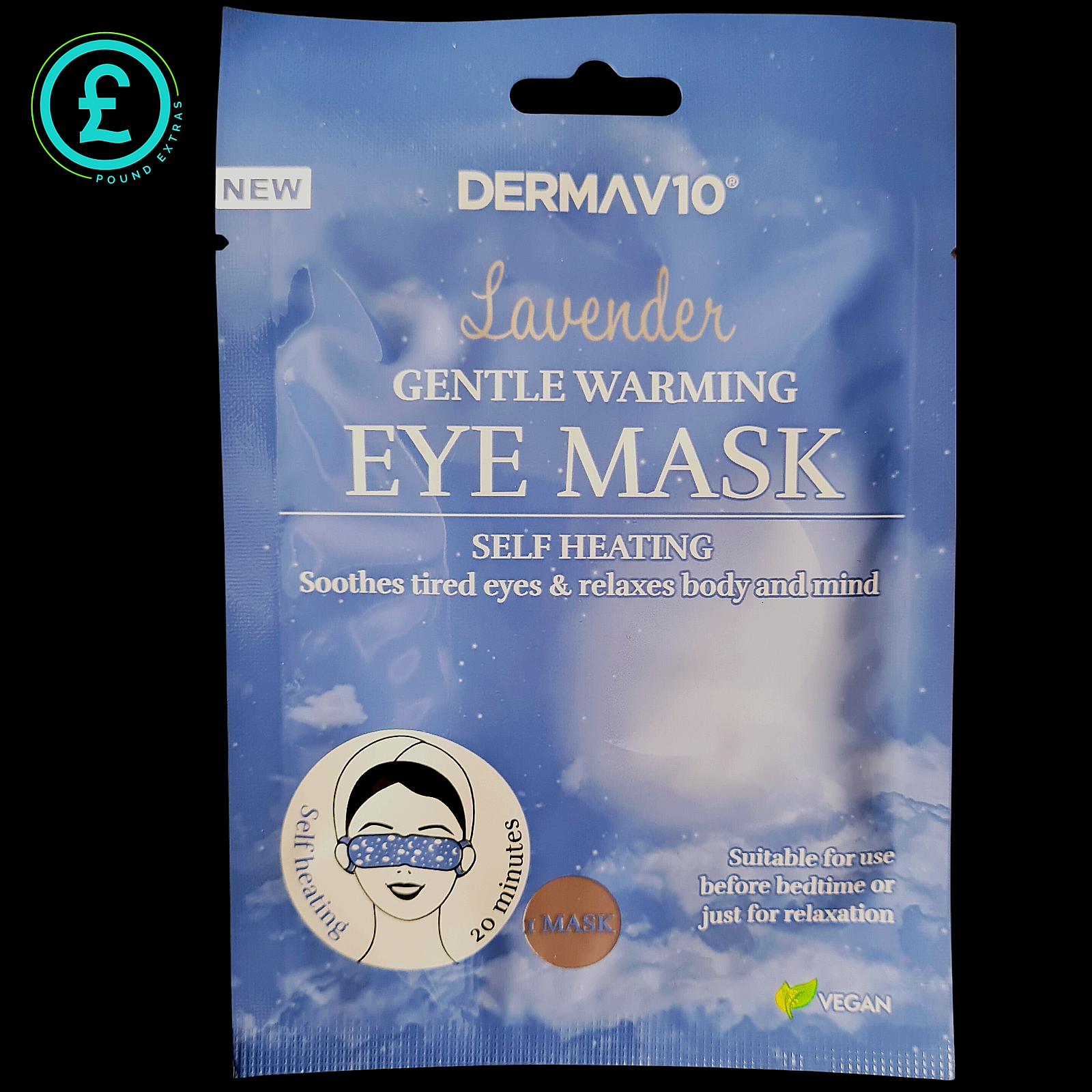 DermaV10 Lavender Gentle Warming Eye Mask packaging on a black background