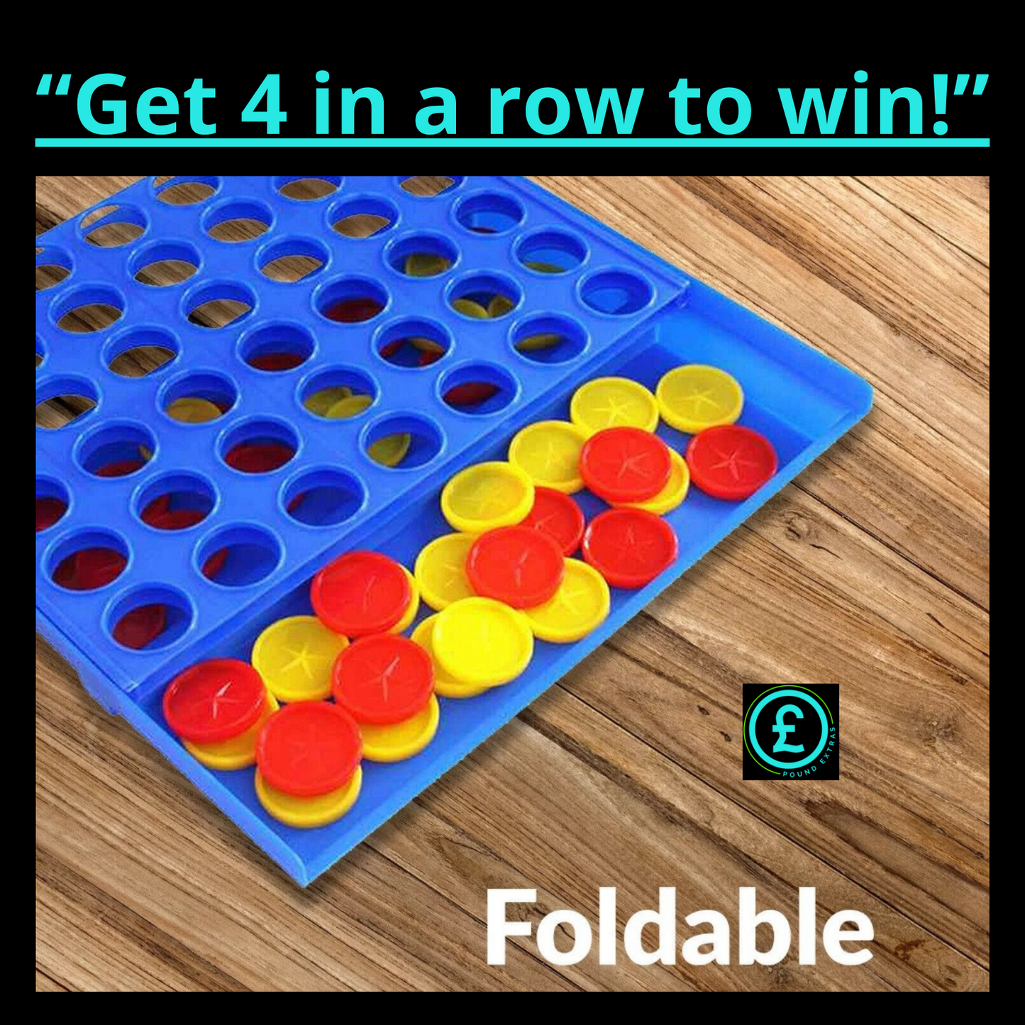 Board game with red and yellow pieces on a blue board, text 'Get 4 in a row to win!' and 'Foldable' label.