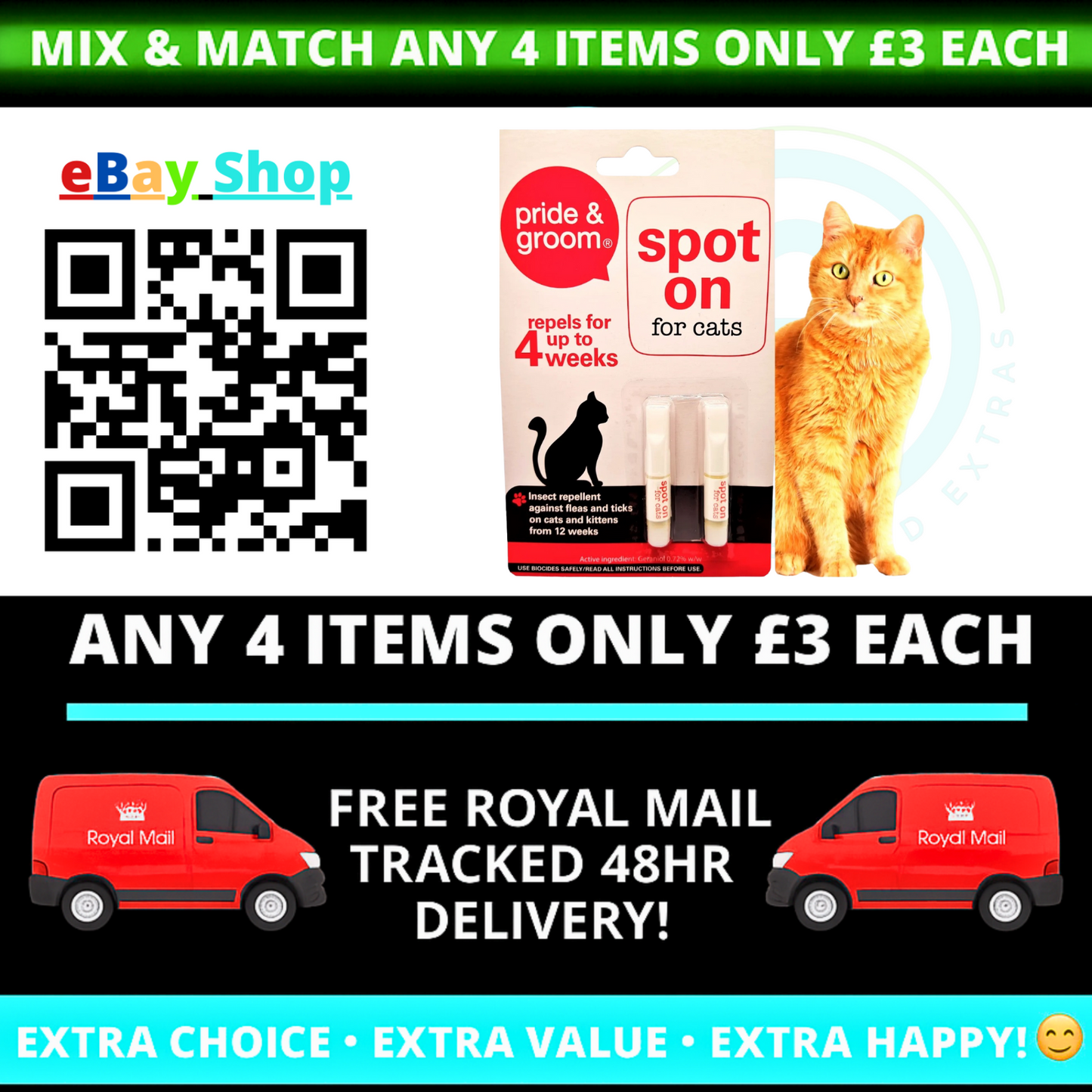 Advertisement for 'spot on' for cats with a QR code, cat image, and Royal Mail delivery vans.