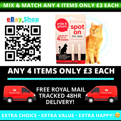 Advertisement for 'spot on' for cats with a QR code, cat image, and Royal Mail delivery vans.