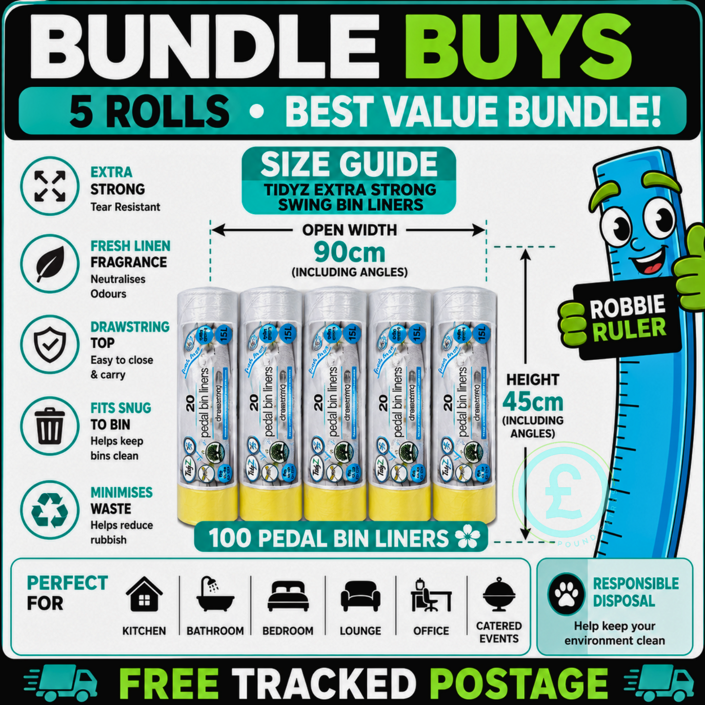 Pedal Bin Liners 100 Pack Bundle 15L Fresh Linen Drawstring Bags Fresh Scent2