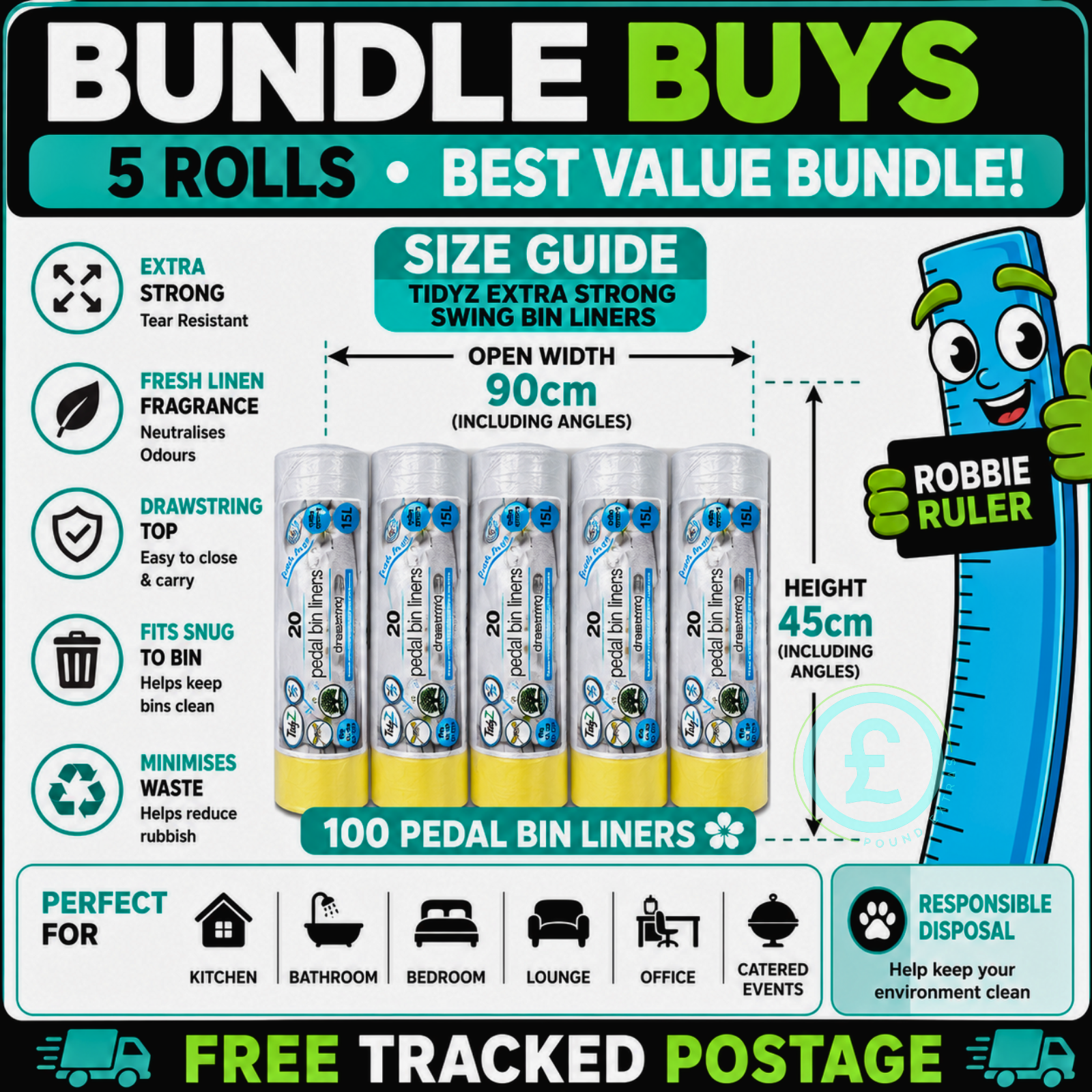 Pedal Bin Liners 100 Pack Bundle 15L Fresh Linen Drawstring Bags Fresh Scent2