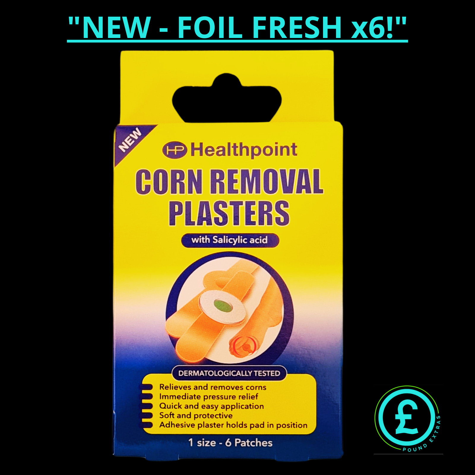 Pack of Healthpoint corn removal plasters on a black background