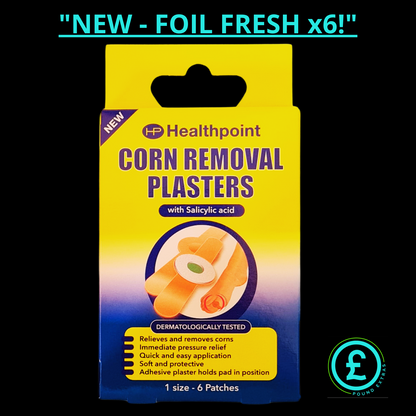 Pack of Healthpoint corn removal plasters on a black background