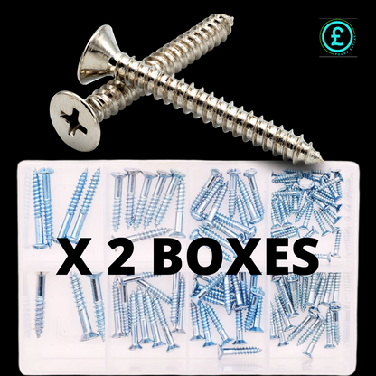 Metal screws with a box labeled 'X 2 Boxes' on a black background