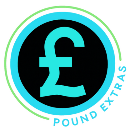 Logo with pound symbol and 'Pound Extras' text on a black background