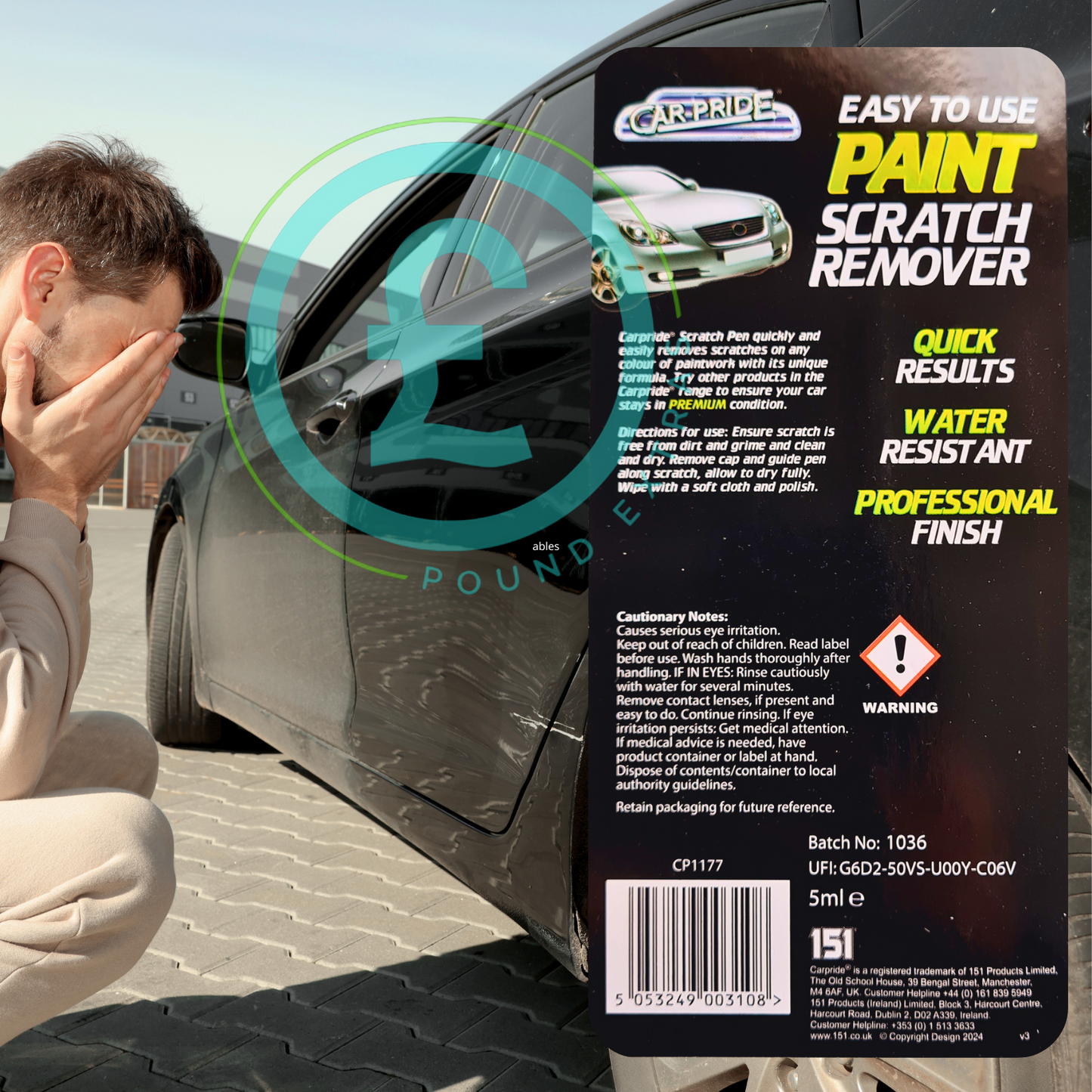 Car paint scratch remover product with a man inspecting a car in the background