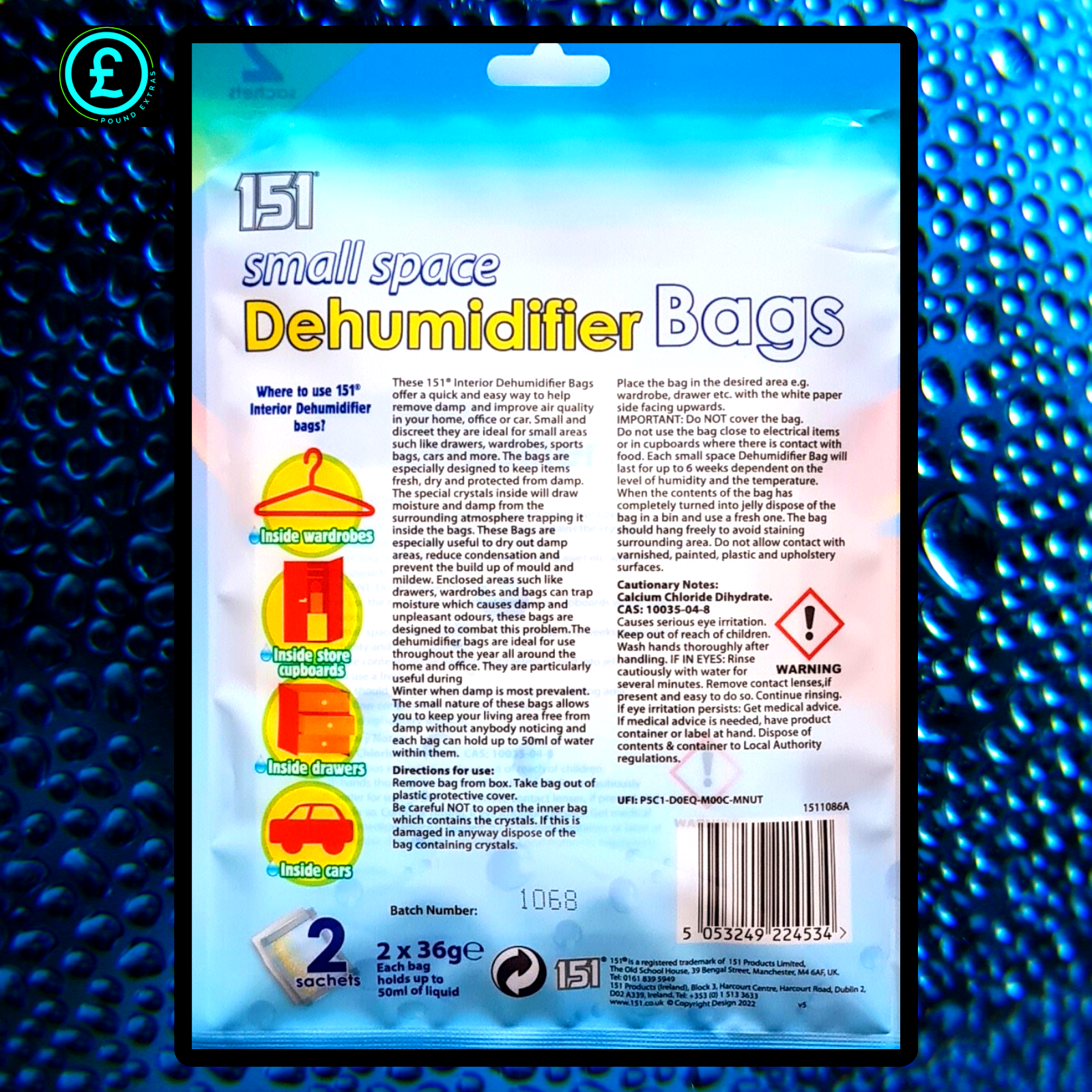Package of 151 small space dehumidifier bags on a blue textured background