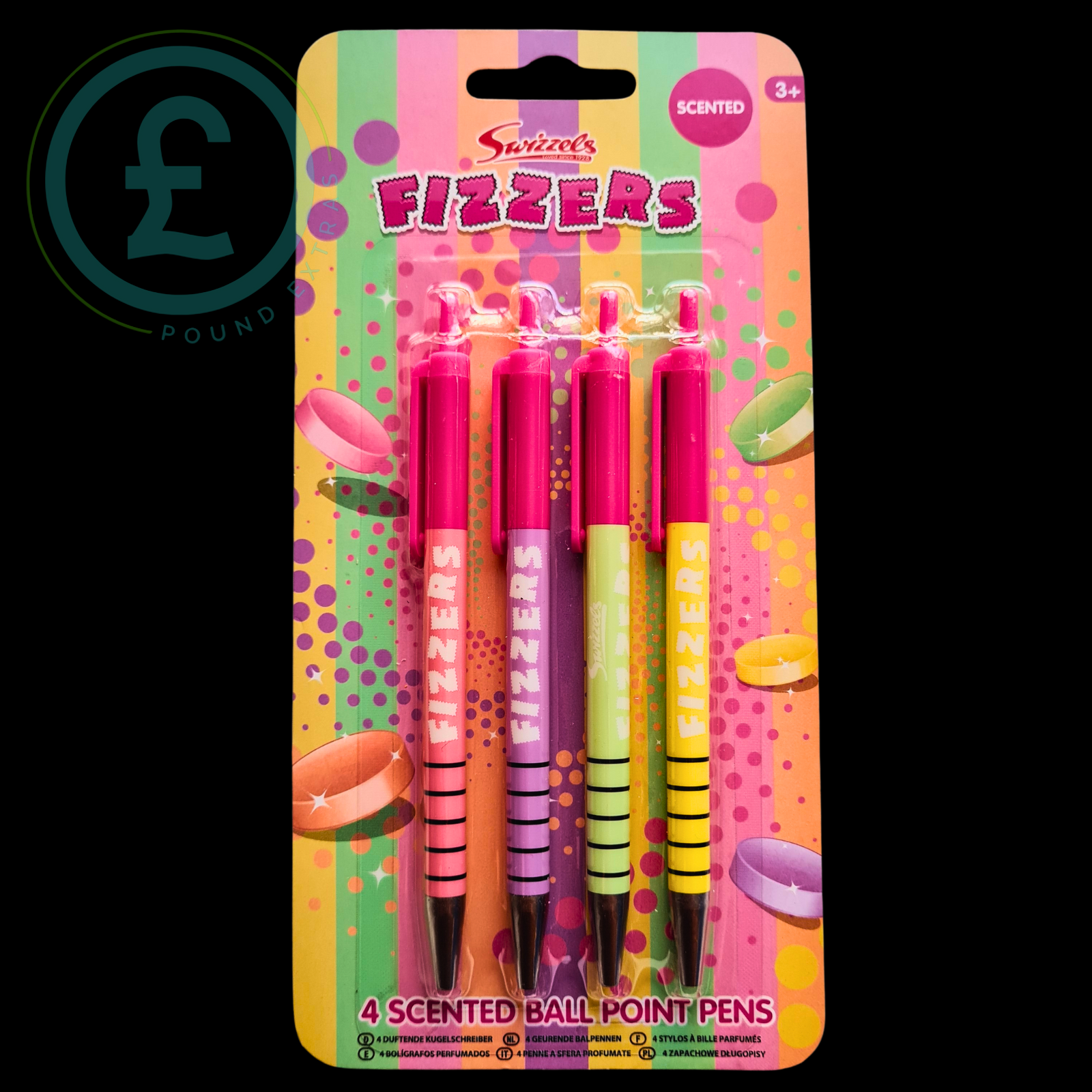 Pack of Swizzles Fizzers scented ballpoint pens with colorful packaging.