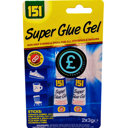Packaging of 151 Super Glue Gel with blue and yellow design