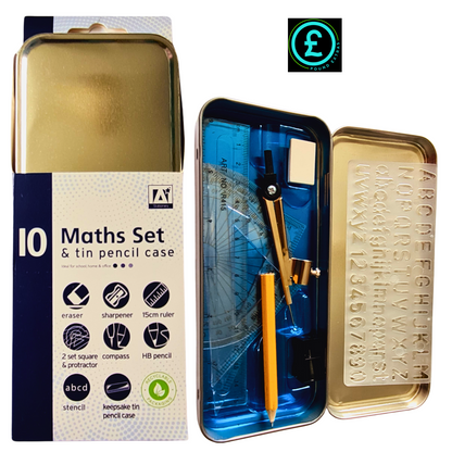 Pencil Case Tin: 10 piece Maths Set & 9 piece Kids School Stationery Kit   Pens9