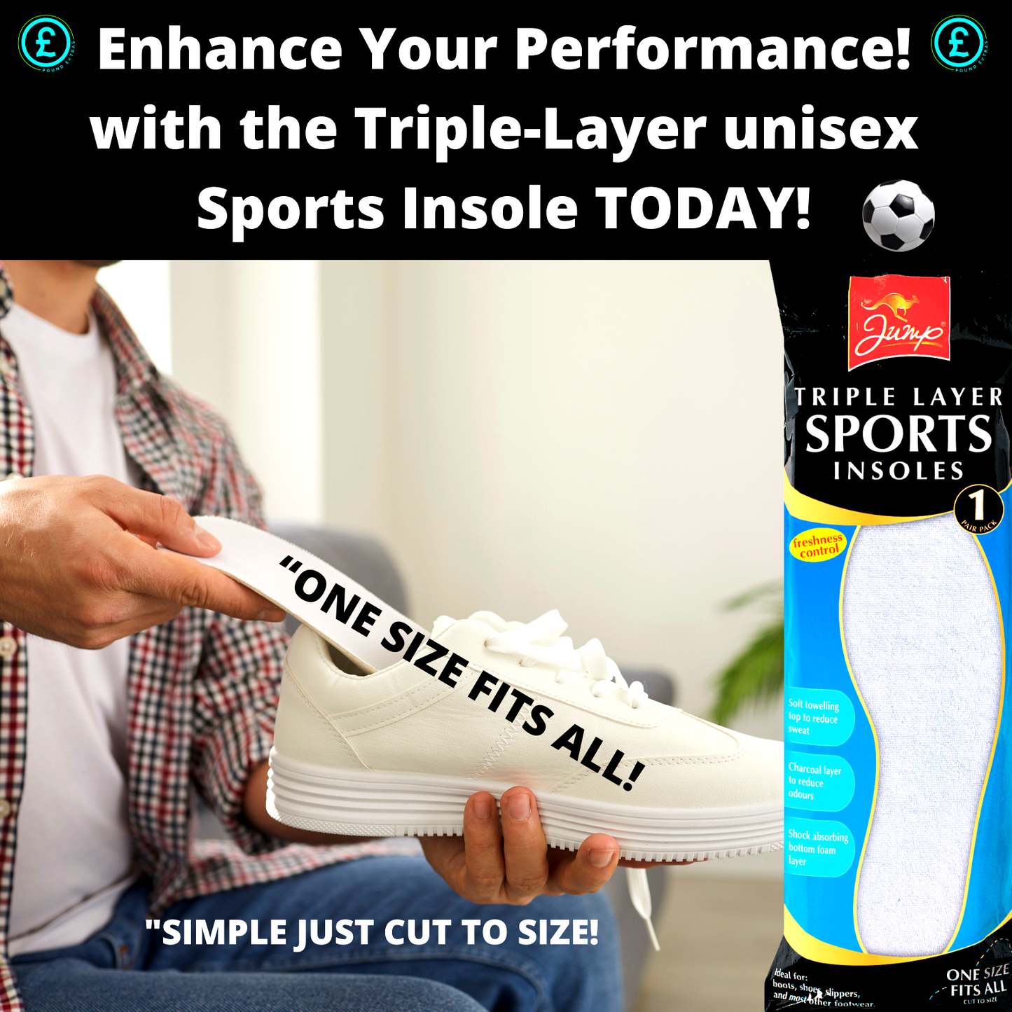 Person holding a white sneaker with text about triple-layer sports insoles, including a package of insoles on a white background.