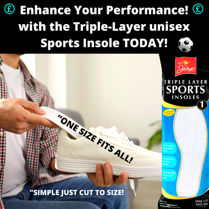 Person holding a white sneaker with text about triple-layer sports insoles, including a package of insoles on a white background.