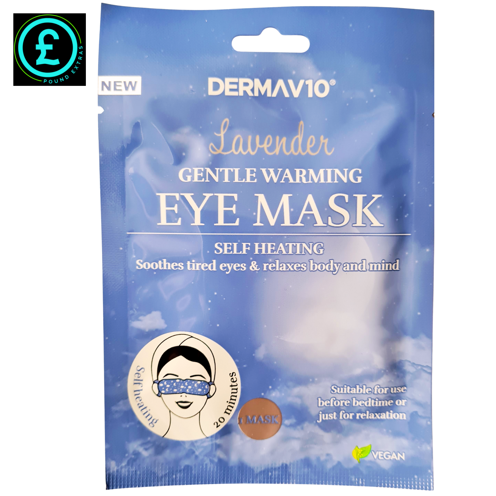 DermaV10 Lavender Gentle Warming Eye Mask packaging on a white background