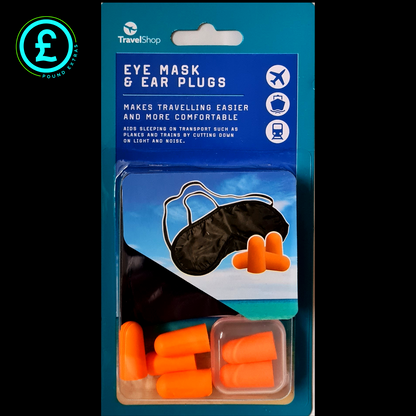 Packaging of eye mask and ear plugs with Travel Shop branding.