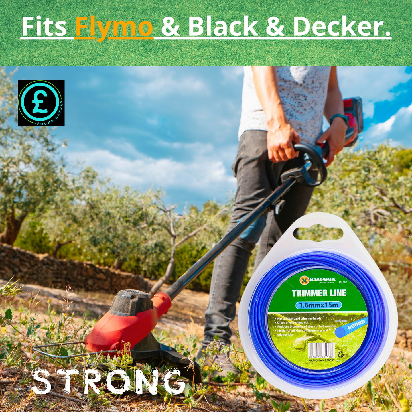 Person using a lawn trimmer with a reel of trimmer line in a garden setting, featuring text about compatibility with FLYMO and Black & Decker.