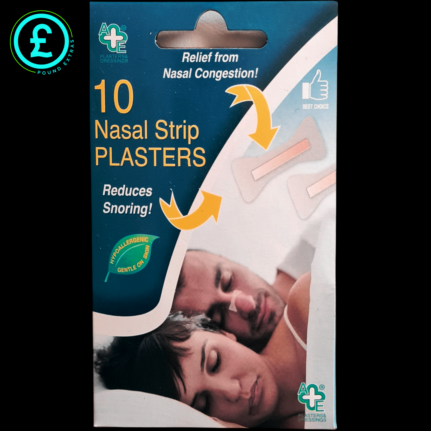 Pack of 10 nasal strip plasters with a man and woman lying down, relief from nasal congestion and snoring text.