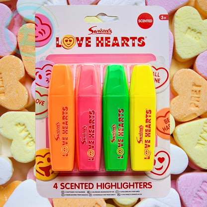 Pack of Swizzles Love Hearts scented highlighters with candy hearts in the background