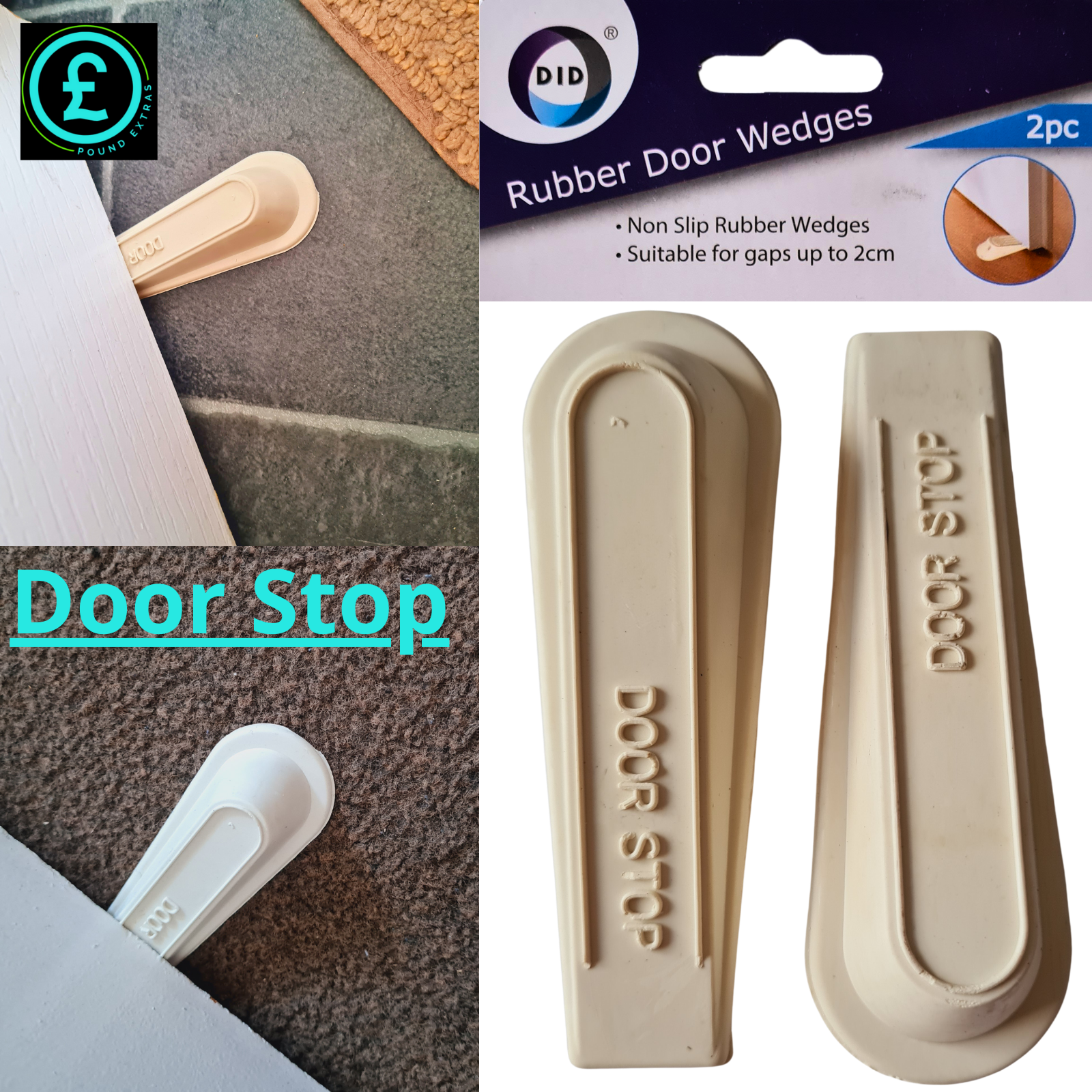 Beige door stoppers with 'Door Stop' text on a white background, shown with packaging and application on a carpeted floor.