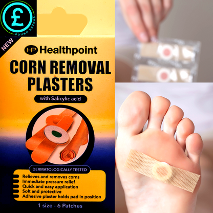 Healthpoint corn removal plasters packaging with a person applying a plaster to their foot.