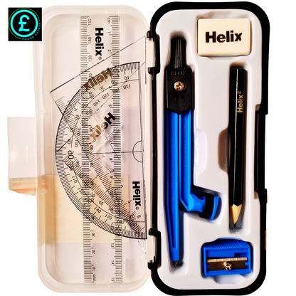 Helix geometry set with protractor, compass, pencil, and sharpener in open case.