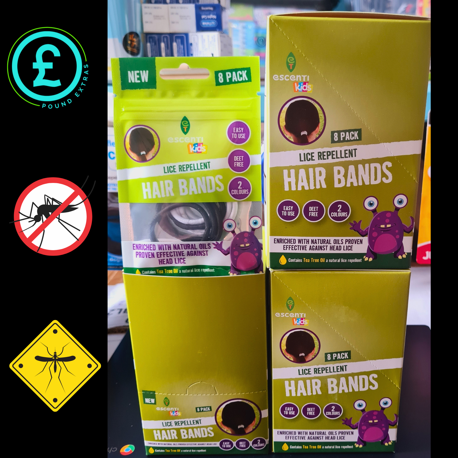 Three boxes of lice repellent hair bands with packaging details on a blurred background.