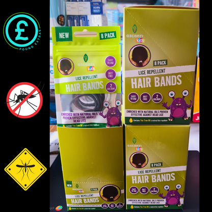 Three boxes of lice repellent hair bands with packaging details on a blurred background.
