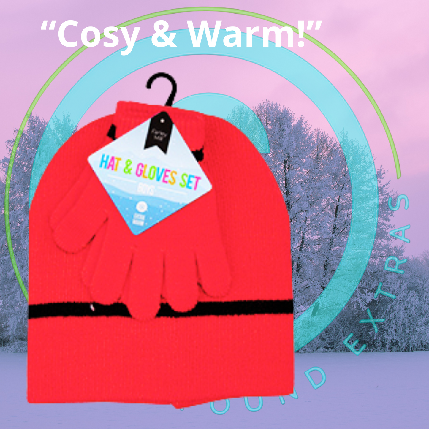 Red hat and gloves set on a hanger with a snowy background and 'Cosy & Warm!' text.