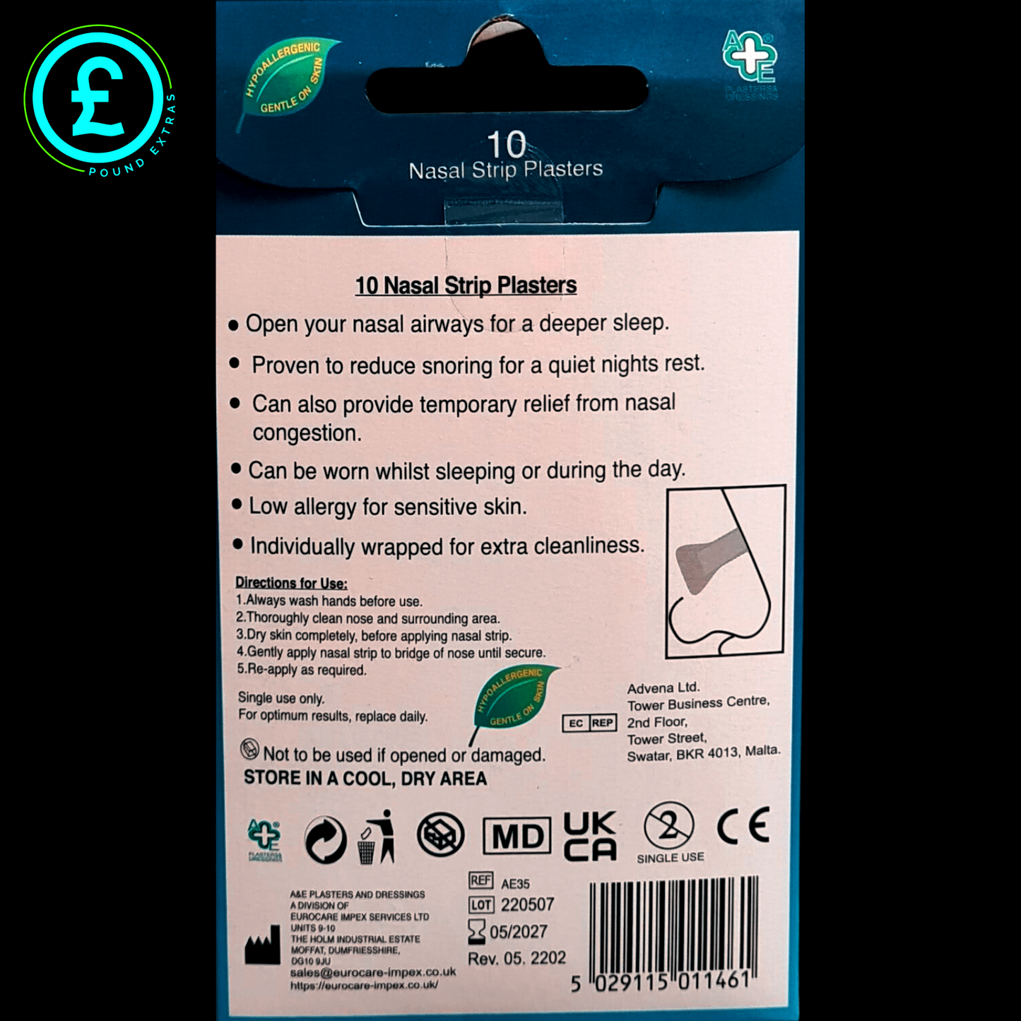 Packaging of nasal strip plasters with text and branding on a dark background