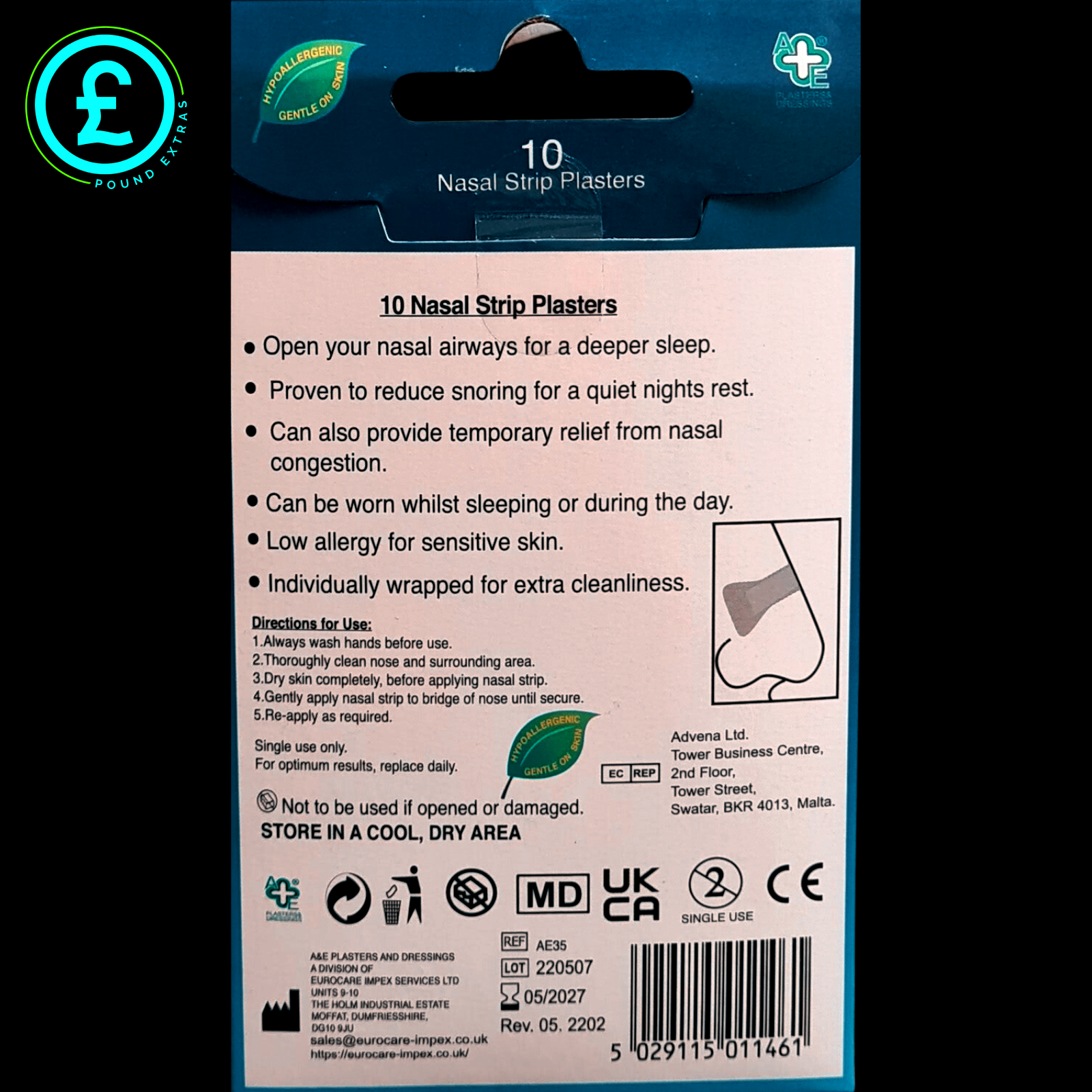 Packaging of nasal strip plasters with text and branding on a dark background