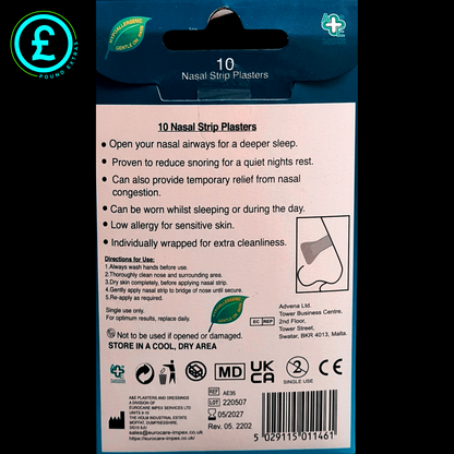 Packaging of nasal strip plasters with text and branding on a dark background