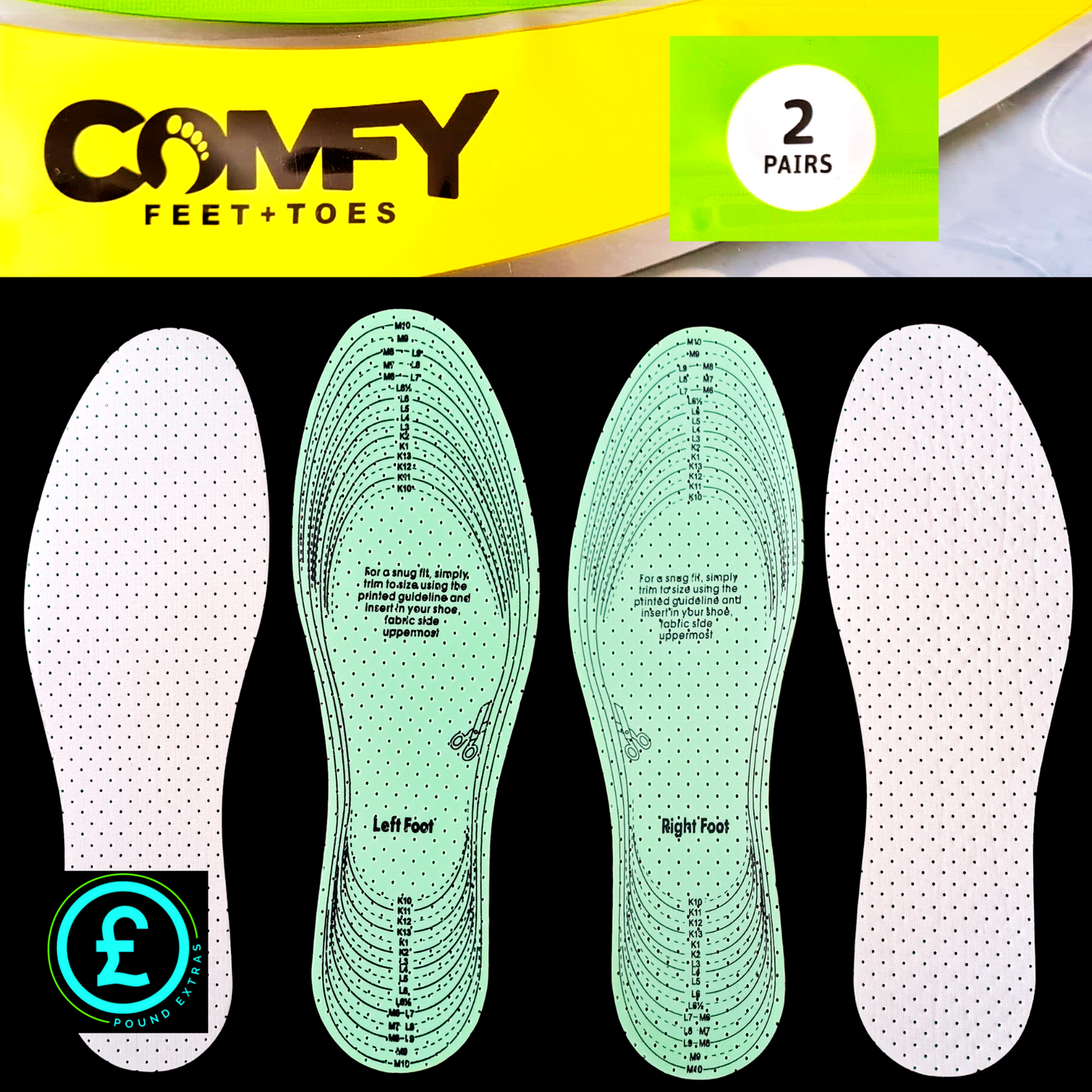 Comfy Feet+Toes insole packaging with two pairs of insoles on a black background.