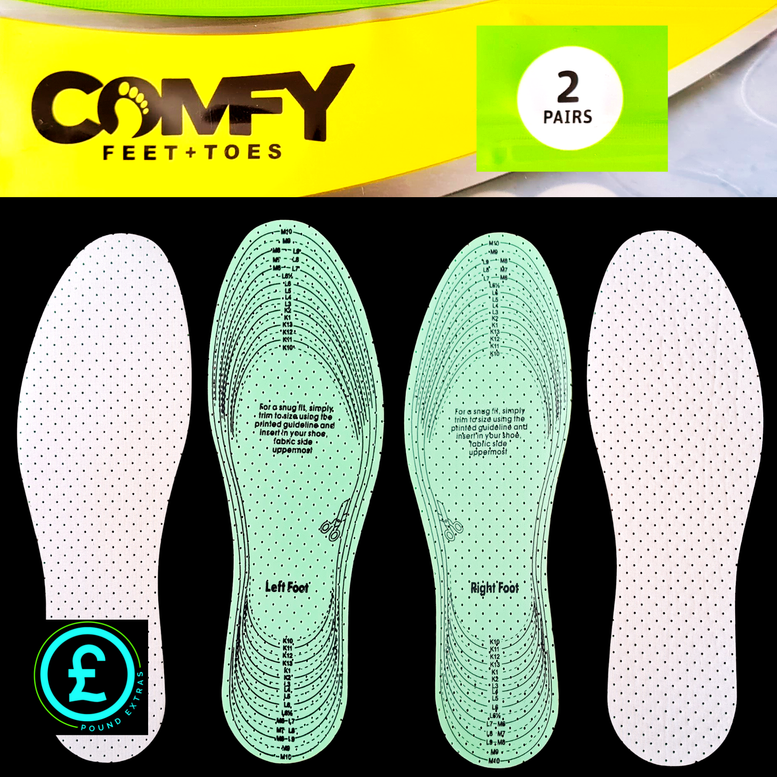 Comfy Feet+Toes insole packaging with two pairs of insoles on a black background.