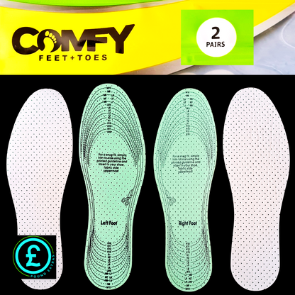 Comfy Feet+Toes insole packaging with two pairs of insoles on a black background.