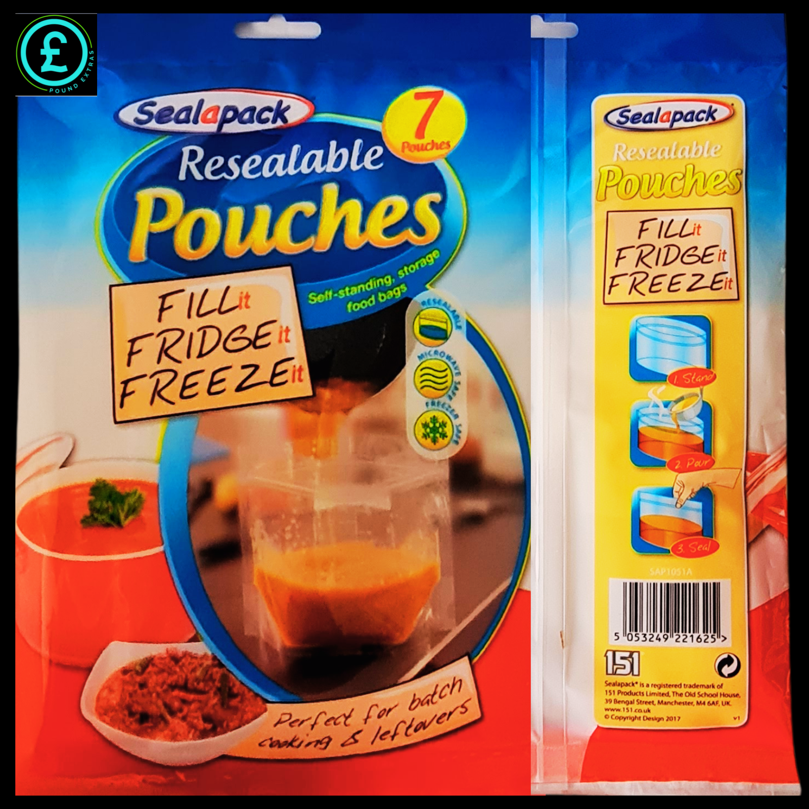 Sealapack Resealable Pouches packaging with a close-up of a pouch filled with food.