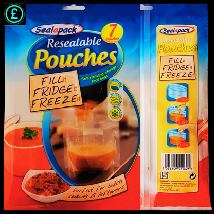 Sealapack Resealable Pouches packaging with a close-up of a pouch filled with food.