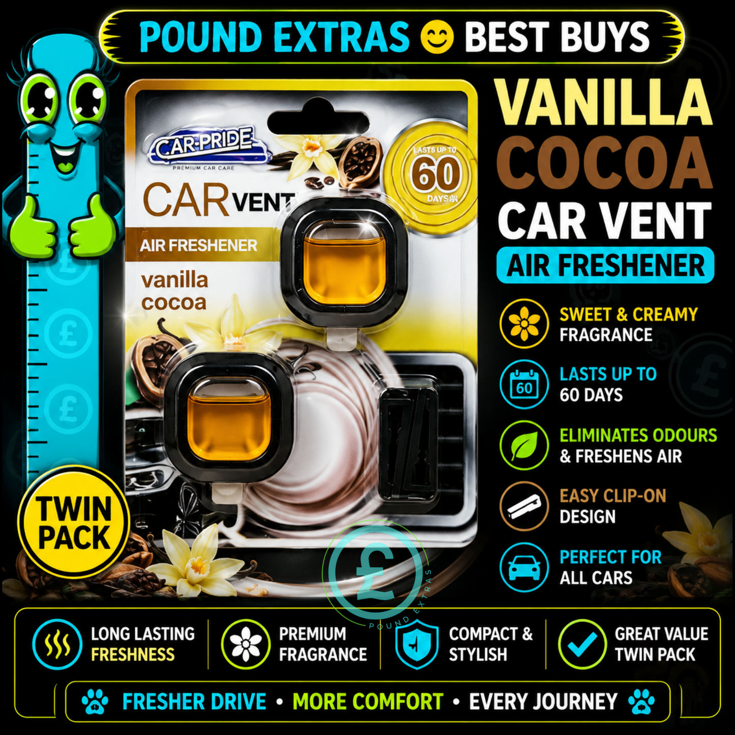 Car Vent Air Freshener Vanilla Cocoa Twin Pack Clip 60 Day Scent Long Lasting1
