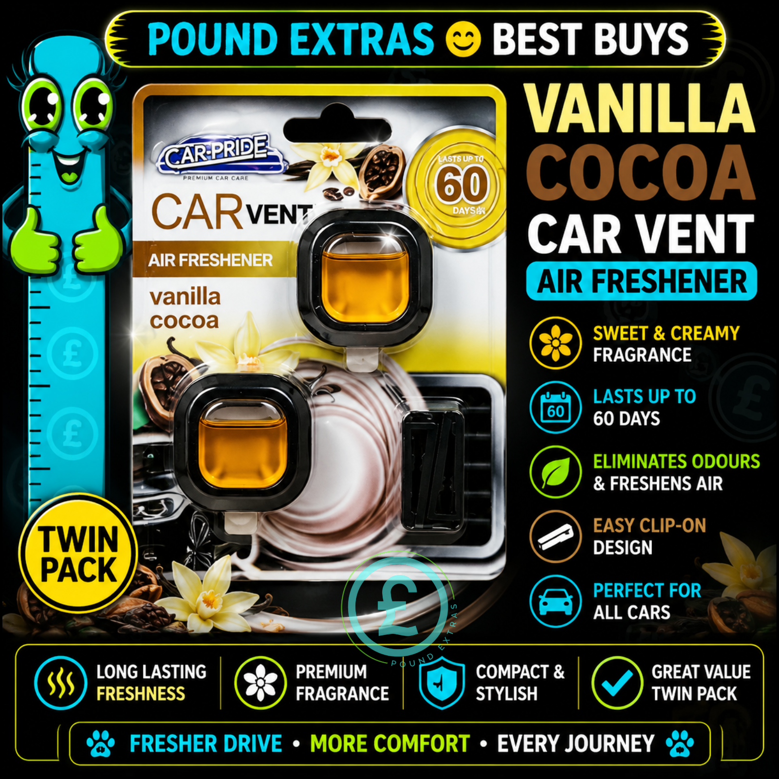 Car Vent Air Freshener Vanilla Cocoa Twin Pack Clip 60 Day Scent Long Lasting1