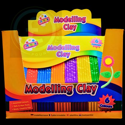 Packaging of modelling clay with six colors on a black background