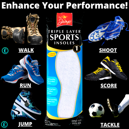 ❤️ POUND EXTRAS 😊 Sports gym shoe insoles 🦶 triple layer unisex one size for trainers & boots. Cushioned comfort for active feet at the gym & daily wear.