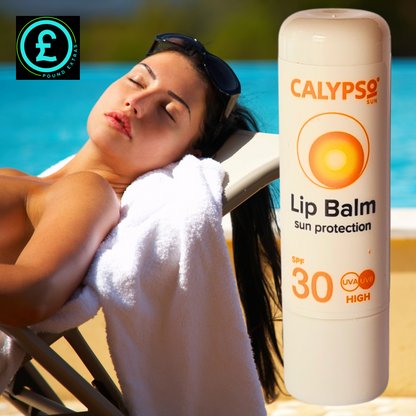 Woman relaxing on a beach with Calypso Lip Balm sun protection product.