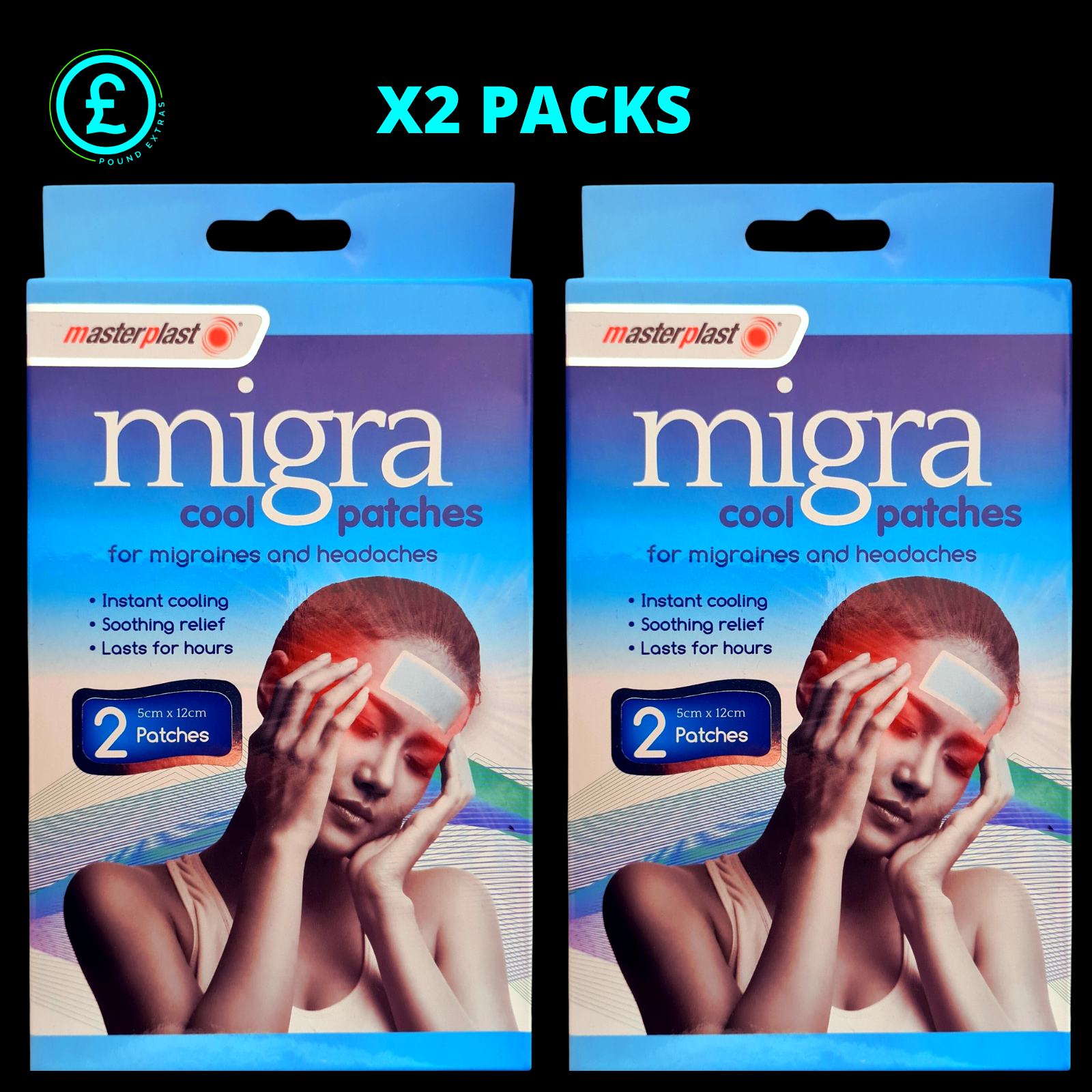 Two packs of migra cool patches for migraines and headaches with a person applying the patches.