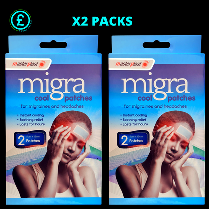 Two packs of migra cool patches for migraines and headaches with a person applying the patches.