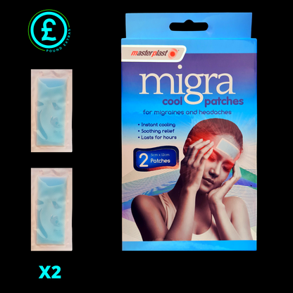 Packaging of 'migra cool patches' for migraines and headaches with a person using the product.